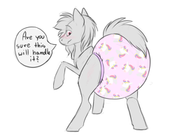 Size: 2500x2000 | Tagged: safe, artist:galaxylatte, pony, unicorn, adult, blushing, dialogue, dialogue box, diaper, diaper fetish, diapered, embarrassed, embarrassed underwear exposure, fetish, high res, hooves, looking back, non-baby in diaper, pattern, pink, pink diaper, poofy diaper, raised hoof, simple background, solo, spread legs, spreading, surprised, tail, underwear, white background