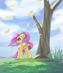 Size: 3541x4096 | Tagged: safe, artist:jfrxd, fluttershy, pegasus, pony, g4, alternate hairstyle, crying, female, high res, leaves, mare, ponytail, solo, tree