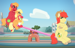 Size: 3829x2448 | Tagged: safe, artist:faitheverlasting, apple bloom, applejack, big macintosh, bright mac, earth pony, pony, g4, apple siblings, apple sisters, applejack is not amused, baby, baby apple bloom, bluey, brother and sister, colt big macintosh, cowboy hat, crossed arms, cute, diaper, ear fluff, eyes closed, father and child, father and daughter, father and son, female, filly, filly applejack, floppy ears, group, hat, high res, looking at each other, looking at someone, looking back, male, open mouth, open smile, quartet, scrunchy face, seesaw, siblings, sisters, sitting, smiling, smirk, teasing, unamused, unshorn fetlocks, younger