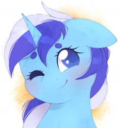 Size: 1913x2021 | Tagged: safe, artist:adostume, minuette, pony, unicorn, g4, blushing, bust, cute, ears back, female, floppy ears, looking at you, mare, minubetes, one eye closed, portrait, smiling, smiling at you, solo, wink, winking at you