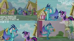 Size: 2000x1125 | Tagged: safe, edit, edited screencap, editor:quoterific, screencap, derpy hooves, princess ember, twilight sparkle, alicorn, dragon, pegasus, pony, g4, triple threat, dragoness, female, food, mare, muffin, twilight sparkle (alicorn), underp