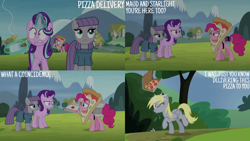 Size: 2000x1125 | Tagged: safe, edit, edited screencap, editor:quoterific, screencap, derpy hooves, maud pie, pinkie pie, starlight glimmer, earth pony, pegasus, pony, unicorn, g4, rock solid friendship, female, food, glowing, glowing horn, horn, magic, magic aura, mare, pizza