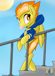 Size: 2275x3159 | Tagged: safe, artist:notadeliciouspotato, spitfire, pegasus, pony, g4, bipedal, bubblegum, clothes, cloud, female, food, gum, high res, hoodie, mare, signature, sky, solo, stairs, sun, wonderbolts