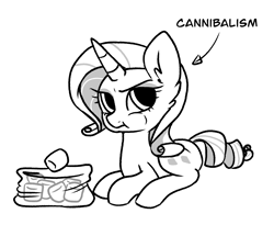 Size: 2153x1848 | Tagged: safe, artist:pinkdoesstuff, derpibooru exclusive, rarity, pony, unicorn, g4, annoyed, cannibalism joke, cheek bulge, cute, eating, female, food, funny, looking to the right, lying down, mare, marshmallow, monochrome, rarity is a marshmallow, simple background, solo, white background