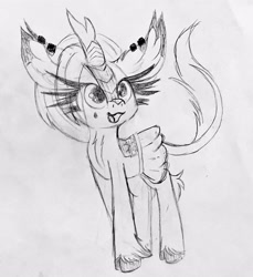 Size: 3210x3500 | Tagged: safe, artist:windykirin, oc, oc only, oc:misty showers, kirin, big ears, cloven hooves, cute, high res, impossibly long eyelashes, kirin oc, leonine tail, long eyelashes, open mouth, open smile, pencil drawing, sketch, smiling, solo, tail, traditional art