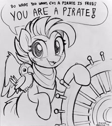 Size: 3101x3500 | Tagged: safe, artist:moozua, oc, oc only, oc:duk, duck pony, parrot, pegasus, pony, cute, dialogue, helm, high res, kerchief, lazytown, pegasus oc, pirate, solo, you are a pirate