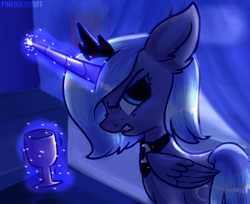 Size: 2508x2048 | Tagged: safe, artist:pinkdoesstuff, princess luna, alicorn, pony, g4, angry, argument, female, filly, goblet, high res, implied princess celestia, looking back, magic, night, scowl, solo, story included, telekinesis, woona, young luna, younger