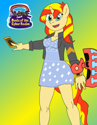 Size: 2545x3279 | Tagged: safe, sunset shimmer, unicorn, anthro, g4, breasts, clothes, dress, female, gradient background, high res, jacket, solo, yu-gi-oh!