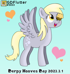 Size: 1156x1220 | Tagged: safe, artist:thread8, derpy hooves, pegasus, pony, g4, cross-eyed, cute, derpabetes, derpy day, female, food, gradient background, heart, mare, muffin, open mouth, open smile, smiling, solo, spread wings, that pony sure does love muffins, watermark, wings