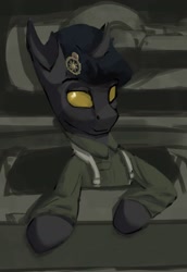 Size: 1108x1606 | Tagged: safe, artist:monx94, oc, oc only, changeling, equestria at war mod, bust, changeling oc, clothes, cropped, military uniform, portrait, solo, uniform