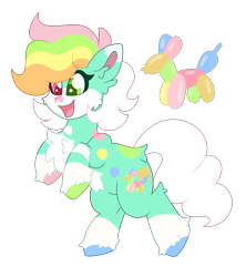 Size: 4508x5066 | Tagged: safe, artist:crazylooncrest, artist:crazysketch101, oc, oc only, earth pony, pony, balloon, balloon animal, fluffy, heterochromia, hooves, multicolored hooves, open mouth, open smile, simple background, smiling, solo, transparent background