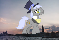 Size: 1895x1272 | Tagged: safe, anonymous editor, artist:cloudy glow, edit, caesar, count caesar, earth pony, pony, g4, background pony, giant pony, hat, highrise ponies, irl, italy, macro, male, monocle, photo, ponies in real life, smiling, solo, stallion, story included, top hat, venice