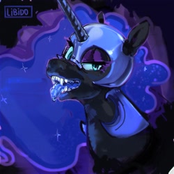 Size: 2099x2099 | Tagged: safe, artist:libido, nightmare moon, alicorn, pony, g4, blue tongue, bust, fangs, female, high res, looking at you, mare, open mouth, signature, solo, tongue out