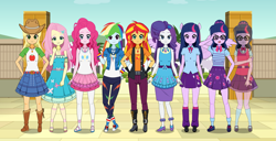 Size: 2935x1500 | Tagged: safe, artist:neoduelgx, applejack, fluttershy, pinkie pie, rainbow dash, rarity, sci-twi, sunset shimmer, twilight sparkle, human, equestria girls, g4, female, humane five, humane seven, humane six, humanized, kisekae, twolight