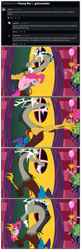 Size: 1449x4496 | Tagged: safe, artist:grievousfan, discord, pinkie pie, draconequus, earth pony, pony, g4, comic, discord's house, duo, female, high res, male, mare, meme, pinkie being pinkie, simpsons did it, throwing