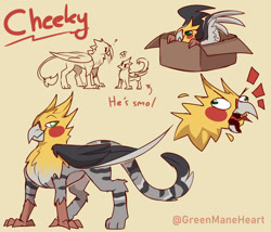 Size: 1280x1098 | Tagged: safe, artist:greenmaneheart, oc, oc:cheeky, bird, cat, cockatiel, griffon, hybrid, parrot, parrot griffon, behaving like a cat, box, griffon oc, griffons doing cat things, size difference, solo