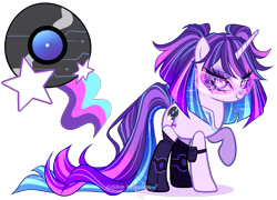 Size: 2125x1531 | Tagged: safe, artist:gihhbloonde, oc, oc only, pony, robot, unicorn, clothes, colored pupils, eyeshadow, female, long tail, looking at you, magical lesbian spawn, makeup, mare, offspring, parent:twilight sparkle, parent:vinyl scratch, parents:vinylight, pigtails, purple eyes, raised hoof, simple background, smiling, smiling at you, socks, solo, standing, tail, transparent background, visor