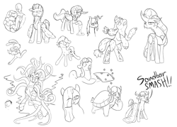 Size: 2800x2000 | Tagged: safe, artist:parallel black, angel bunny, applejack, bon bon, lightning dust, mane-iac, marble pie, ocellus, princess celestia, queen chrysalis, sandbar, sweetie drops, yona, oc, oc:jc, changedling, changeling, changeling queen, original species, pony, timber pony, timber wolf, yak, g4, beard, butt, changedling queen, changeling slime, clothes, cloven hooves, dialogue, facial hair, fire, food, grin, hair over one eye, high res, holding a pony, mask, older, plot, request, requested art, running away, simple background, smiling, species swap, timber wolfified, timberjack, transformation, uniform, washouts uniform, white background, yak sandbar, yakified, yelling