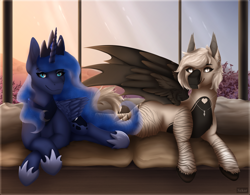 Size: 2712x2115 | Tagged: safe, artist:szkar, princess luna, oc, oc:devilvoice, alicorn, pony, g4, couch, duo, female, high res, looking at you, lying