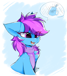 Size: 3100x3520 | Tagged: safe, artist:lunylin, oc, oc only, oc:nohra, earth pony, pony, breath, chest fluff, clothes, coffee, coffee mug, ear fluff, earth pony oc, eyebrows, eyebrows visible through hair, female, floppy ears, fluffy, half body, high res, mare, mug, open mouth, scarf, simple background, snow, solo, two toned mane