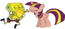 Size: 1306x590 | Tagged: safe, oc, oc:cristiana rosada, alicorn, pony, canon x oc, crossover, crossover shipping, duo, duo male and female, female, kiss on the lips, kissing, male, pony oc, recolor, shipping, simple background, spongebob squarepants, spongebob squarepants (character), spongetwi, transparent background
