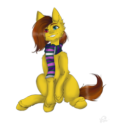 Size: 1600x1750 | Tagged: safe, oc, oc only, oc:yuris, pegasus, pony, clothes, ears up, female, heterochromia, png, scarf, simple background, sitting, smiling, solo, striped scarf, trade, transparent background