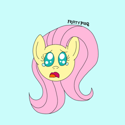 Size: 1000x1000 | Tagged: safe, artist:fruiitypieq, artist:shycookieq, fluttershy, pegasus, pony, g4, blue background, disembodied head, female, frown, looking at you, mare, sad, simple background, solo, teary eyes, wavy mouth