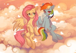 Size: 2383x1665 | Tagged: safe, artist:ls_skylight, fluttershy, rainbow dash, butterfly, pegasus, pony, g4, cloud, colored eyebrows, duo, duo female, female, mare, on a cloud, sitting, sitting on a cloud, sky, wings