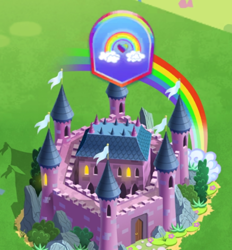 Size: 630x678 | Tagged: safe, gameloft, idw, g1, g4, my little pony: generations, my little pony: magic princess, castle, dream castle, flag, generation leap, no pony, rainbow, the anonymous campsite