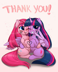 Size: 1200x1500 | Tagged: safe, artist:inkypuso, pinkie pie, twilight sparkle, alicorn, earth pony, pony, g4, alternate hairstyle, blushing, body writing, duo, female, grin, heart, hooves together, lesbian, looking at you, mare, milestone, one eye closed, pinkamena diane pie, ship:twinkie, shipping, smiling, smiling at you, thank you, twilight sparkle (alicorn), wing hands, wings, wink, winking at you