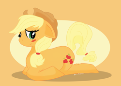 Size: 7016x4961 | Tagged: safe, artist:thegreeniekatmeanie, applejack, earth pony, pony, g4, absurd resolution, anatomically incorrect, blush sticker, blushing, lying down, orange background, prone, simple background, solo