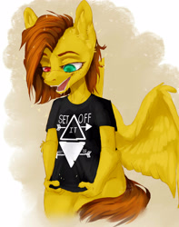 Size: 3159x4000 | Tagged: safe, oc, oc only, oc:yuris, pegasus, pony, werewolf, art trade, clothes, female, folded wings, heterochromia, open mouth, paws, shirt, simple background, smiling, solo, t-shirt, trade, wings