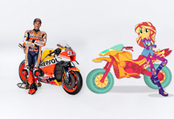 Size: 1916x1308 | Tagged: safe, artist:paco777yuyu, sunset shimmer, human, equestria girls, g4, competition, duo, duo female, female, formula 1, irl, meme, motogp, motorcross, motorcycle, parody, photo, race swap, racing suit, realistic, rider, sunset