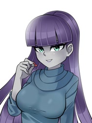 Size: 1500x2000 | Tagged: safe, artist:nekojackun, maud pie, human, equestria girls, g4, breasts, busty maud pie, eyeshadow, female, grin, looking at you, makeup, pebble, rock, simple background, smiling, smiling at you, solo, when she smiles, white background