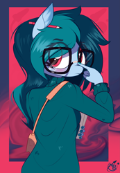 Size: 2173x3135 | Tagged: safe, artist:nevobaster, oc, oc:delta vee, anthro, abstract background, anthro oc, bag, clothes, female, glasses, high res, looking at you, looking back, messy mane, pencil, solo, sweater