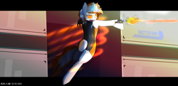 Size: 3840x1860 | Tagged: safe, artist:neon_flame, oc, oc:neon flame, unicorn, semi-anthro, arm hooves, city, clothes, crossdressing, glowing, glowing eyes, glowing horn, gun, hallway, horn, implants, lipstick, neon, science fiction, solo, synth, weapon