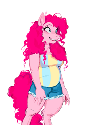 Size: 571x823 | Tagged: safe, artist:dethdaze, pinkie pie, earth pony, anthro, g4, chubby, clothes, hand, simple background, smiling, solo, standing, tail, white background