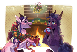 Size: 1920x1306 | Tagged: safe, oc, oc only, oc:cedar cove, oc:pyre, earth pony, pony, unicorn, chest fluff, christmas wreath, cloven hooves, fire, fireplace, holly, holly mistaken for mistletoe, magical lesbian spawn, male, offspring, parent:clear sky, parent:rainbow dash, parent:rolling thunder, parent:twilight sparkle, parents:cleardash, parents:rollingtwi, present, stallion, string lights, wreath