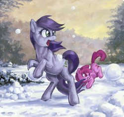 Size: 619x583 | Tagged: safe, artist:choedan-kal, berry punch, berryshine, oc, oc:cork dork, earth pony, pony, g4, biting, female, filly, foal, mare, snow, snowball, snowball fight, snowfall, tail, tail bite, tree
