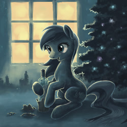 Size: 743x744 | Tagged: safe, artist:choedan-kal, oc, oc only, oc:cork dork, earth pony, pony, bottle, christmas, christmas tree, female, holiday, mare, solo, tree, window