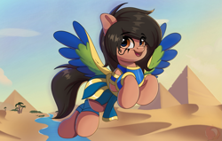 Size: 2365x1500 | Tagged: safe, artist:joaothejohn, oc, oc only, oc:alex, pegasus, pony, clothes, cloud, colored wings, commission, cute, desert, egyptian, flying, loincloth, looking up, multicolored wings, palm tree, pegasus oc, pyramid, river, sand, sky, solo, spread wings, tree, water, wings