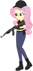 Size: 1929x4096 | Tagged: safe, artist:edy_january, artist:starryshineviolet, edit, vector edit, fluttershy, human, equestria girls, g4, ak-47, akm, angry, assault rifle, belly button, beretta, beretta m9, body armor, boots, breasts, busty fluttershy, chernobyl, clothes, geode of fauna, gloves, gun, handgun, hat, link in description, long pants, magical geodes, meme, military, pistol, rifle, shirt, shoes, soldier, solo, starkle, t-shirt, trigger discipline, triggered, vector, warfighter, weapon, youtube link