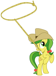 Size: 3127x4227 | Tagged: safe, artist:third uncle, edit, apple fritter, earth pony, pony, g4, apple family member, bipedal, bow, cowboy hat, cute, female, hat, lasso, mare, mouth hold, rope, simple background, solo, standing, transparent background, vector
