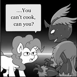 Size: 659x657 | Tagged: safe, artist:vavacung, edit, pinkie pie, queen chrysalis, changeling, changeling queen, earth pony, pony, g4, caption, comic, comic at source, cropped, d:, duo, female, image macro, looking at each other, looking at someone, missing cutie mark, open mouth, reaction, reaction image, text