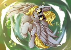 Size: 4093x2894 | Tagged: safe, artist:julunis14, derpy hooves, pegasus, pony, g4, bubble, cloud, cute, derp, derpy day, digital, female, flying, happy, high res, looking at you, solo, spread wings, wings