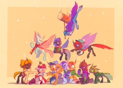 Size: 3000x2143 | Tagged: safe, artist:scribble-potato, oc, oc only, oc:calor the changeling, oc:palpus, changedling, changeling, earth pony, pegasus, pony, unicorn, blue changeling, clothes, double colored changeling, earmuffs, green changeling, hammer, high res, present, red changeling, scarf, shared clothing, shared scarf, snow, snowfall, striped scarf, sweater, yellow changeling