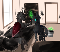 Size: 956x829 | Tagged: safe, artist:snowberry, oc, oc only, oc:coxa, oc:mimesis, changeling, bed, bedroom, boop, changeling oc, duo, elytra, fangs, heart, magic, male, no source available, paint, pillow, red changeling, scar, sitting, smiling, tongue out, window
