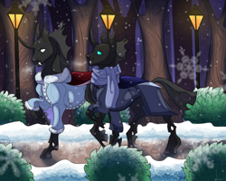Size: 1280x1024 | Tagged: safe, artist:snowberry, oc, oc only, oc:coxa, oc:mimesis, changeling, bush, changeling oc, clothes, coat, duo, fangs, lamppost, male, no source available, path, red changeling, scarf, smiling, snow, snowflake, tree, walking, winter, winter outfit