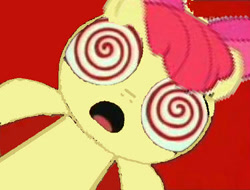 Size: 375x285 | Tagged: safe, artist:movieliker236, edit, edited screencap, screencap, apple bloom, earth pony, pony, g4, blossom (powerpuff girls), hypnosis, hypnotized, needs more jpeg, red background, simple background, solo, swirly eyes, the powerpuff girls