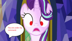 Size: 622x350 | Tagged: safe, artist:movieliker236, edit, edited screencap, screencap, starlight glimmer, pony, unicorn, g4, triple threat, female, hypnosis, hypnotized, offscreen character, solo, speech bubble, twilight's castle